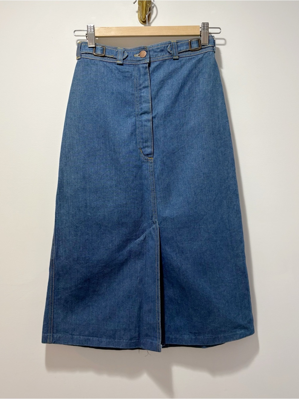 Vintage 70s 80s Gap Lowercase Tag Denim Midi Skirt Buckled Front Slit Size 26